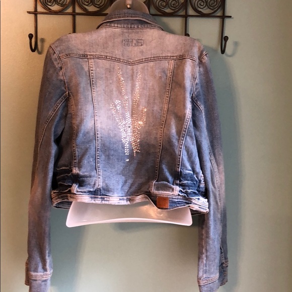 Denim Jean Jacket Peace Sign Fingers L - Picture 1 of 8
